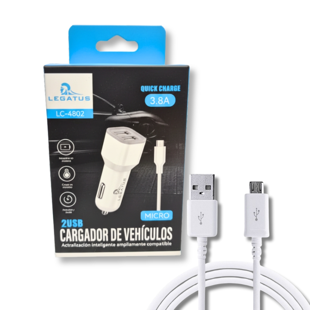 CARGADOR AUTO 2USB A + CAB MICRO USB 3.8A ART LC-4802 V8 AAO