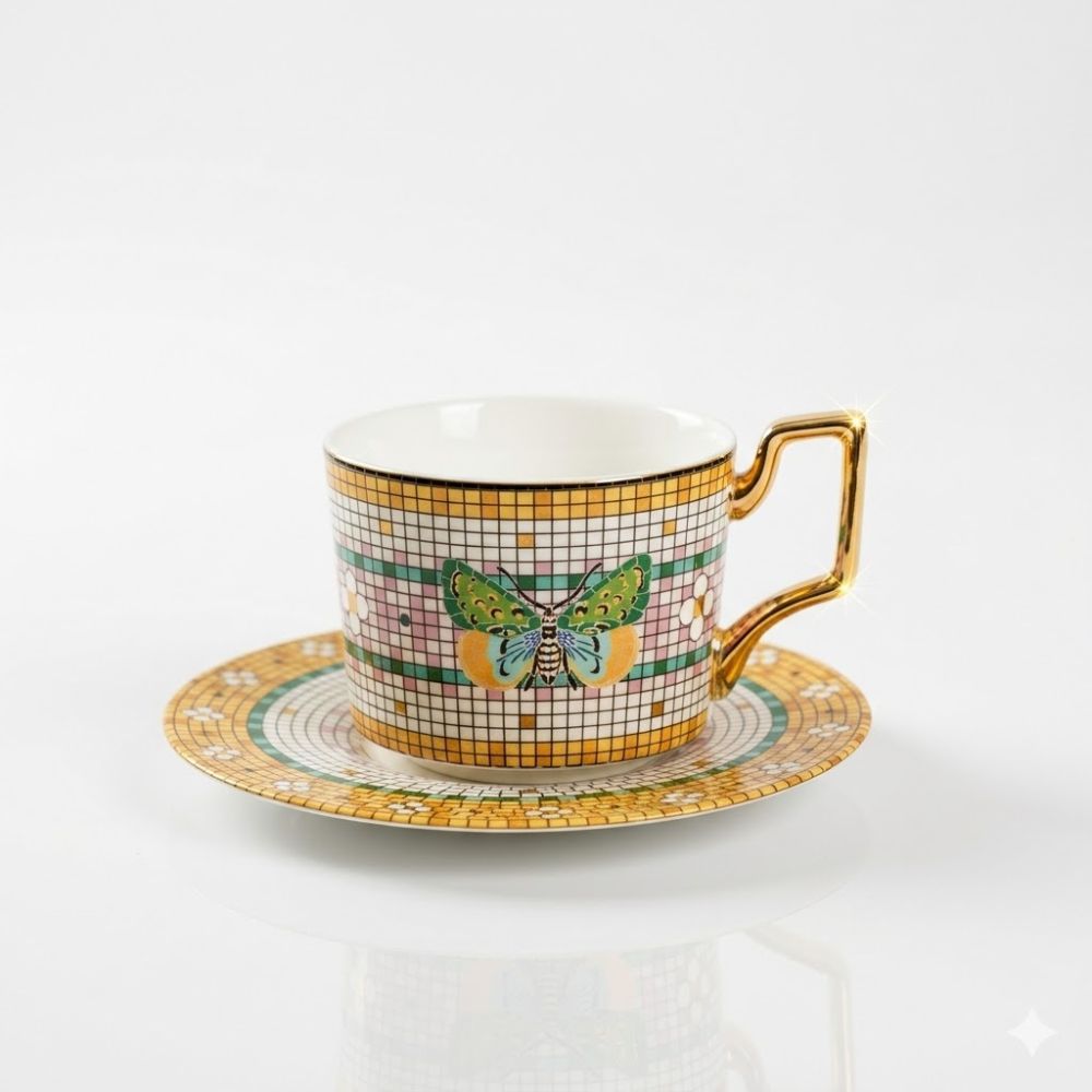 TAZA C/PLATO CERAMICA MOSAICOS MARIPOSA ART 2412122 DAO