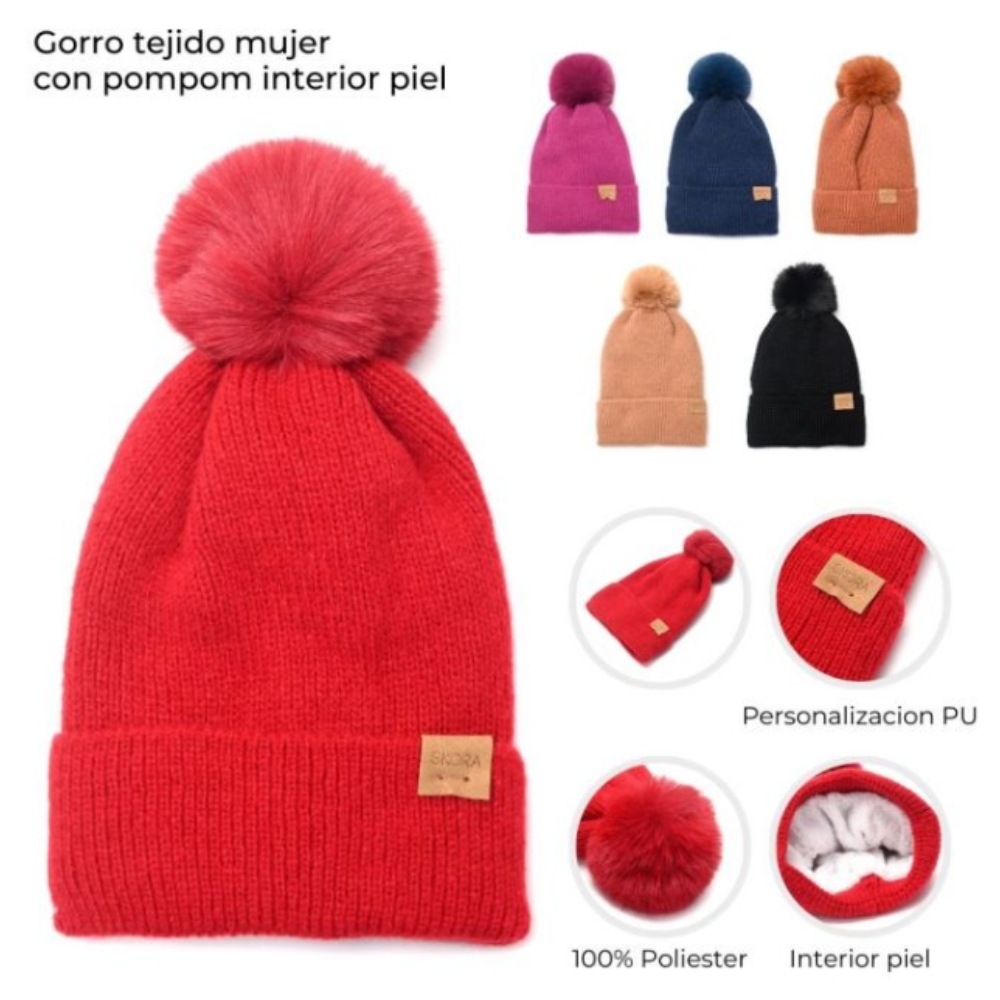 GORRO TEJIDO MUJER C/ POMPON INTERIOR PIEL ART 43783 DAO