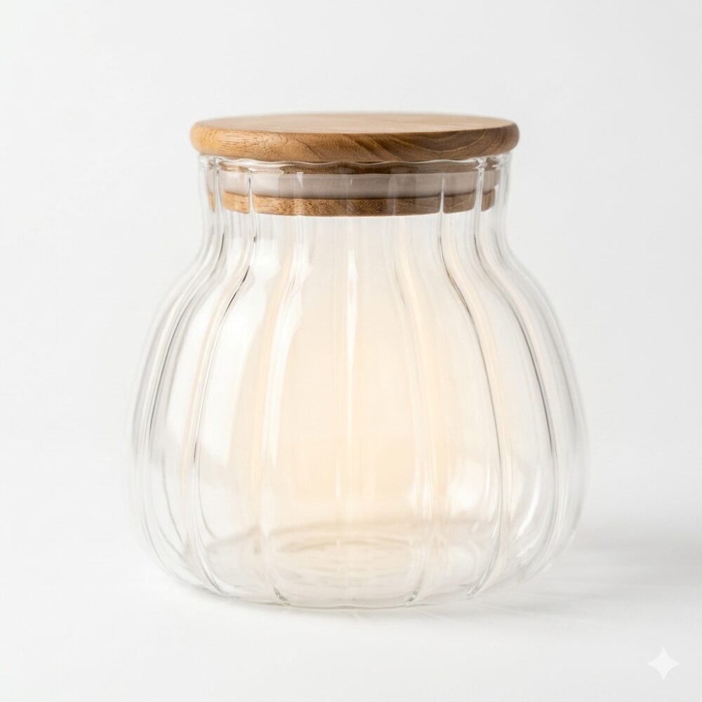 FRASCO VIDRIO MIL RAYAS TAPA BAMBOO 10*9cm ART 20578 DAO