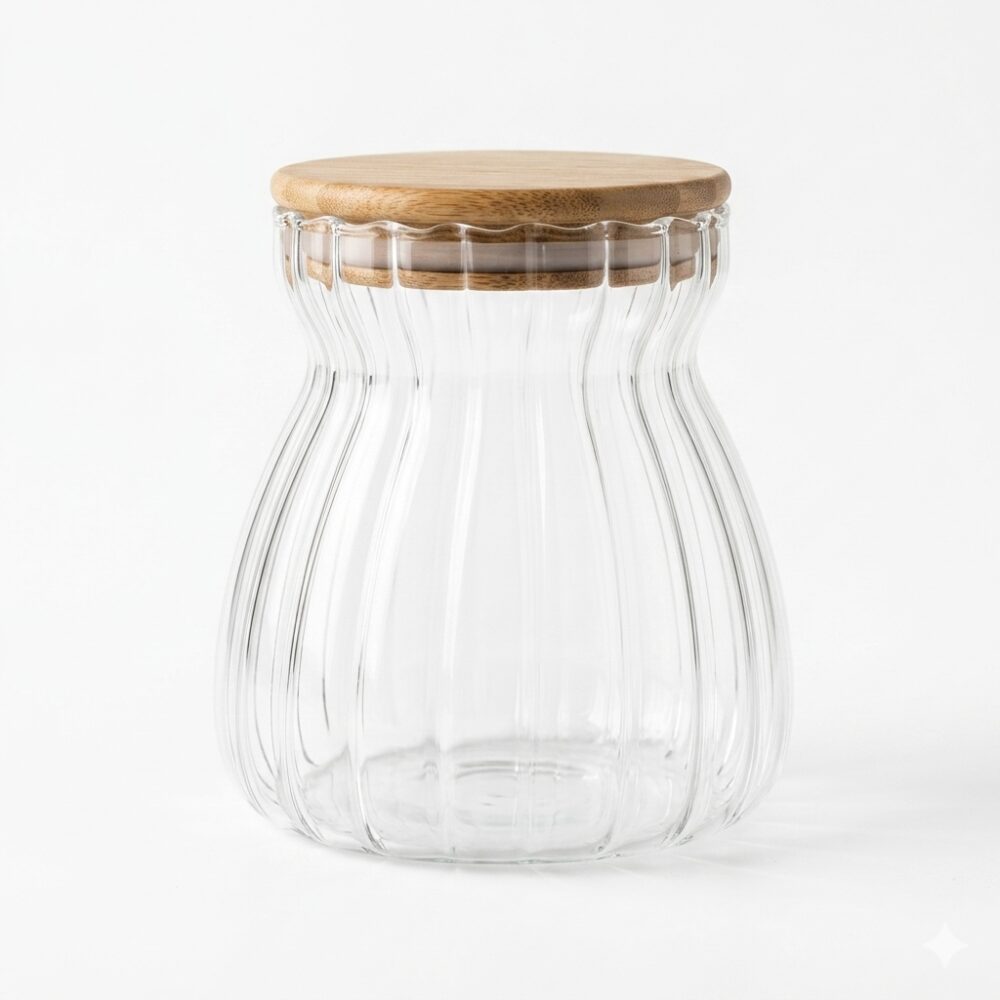 FRASCO VIDRIO MIL RAYAS TAPA BAMBOO 13*10cm ART 20579 DAO