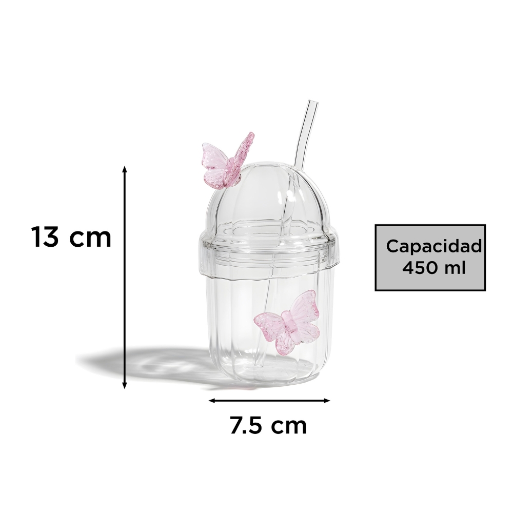 VASO MARIPOSA C/TAPA Y SORBETEVIDRIO 450ML ART SO100115 DAO