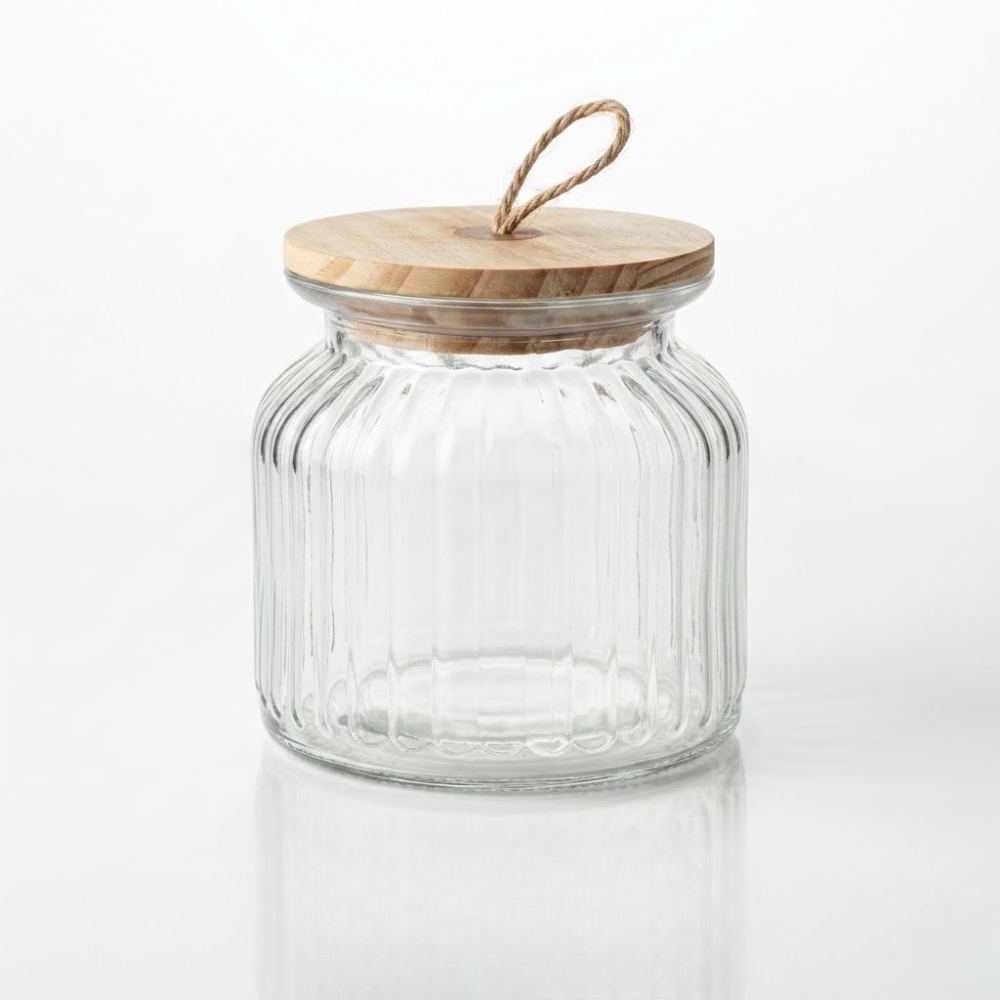 FRASCO VIDRIO RAYAS TAPA BAMBOO C/SOGA 10CM ART CN20560 DAO