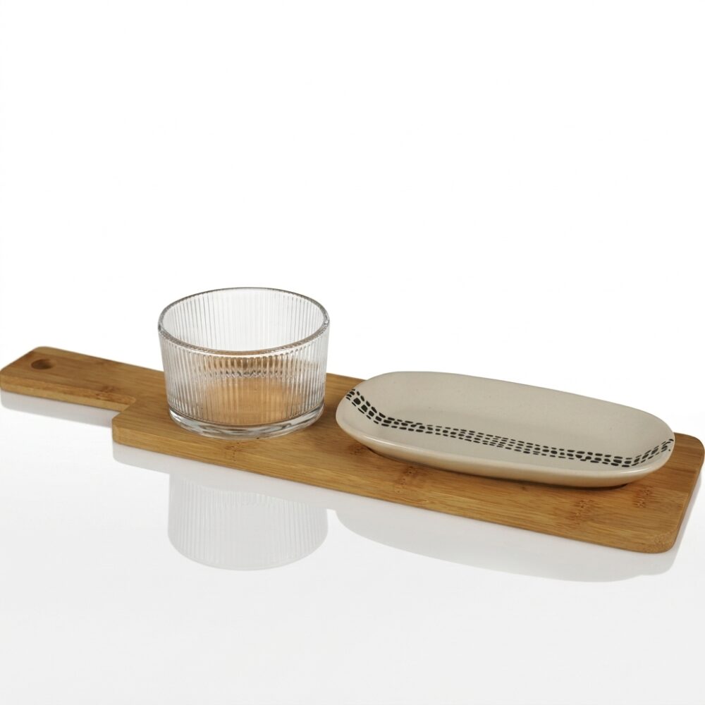 BANDEJA DECO BOWL VIDRIO Y TABLA MADERA  ART 801026 IAO