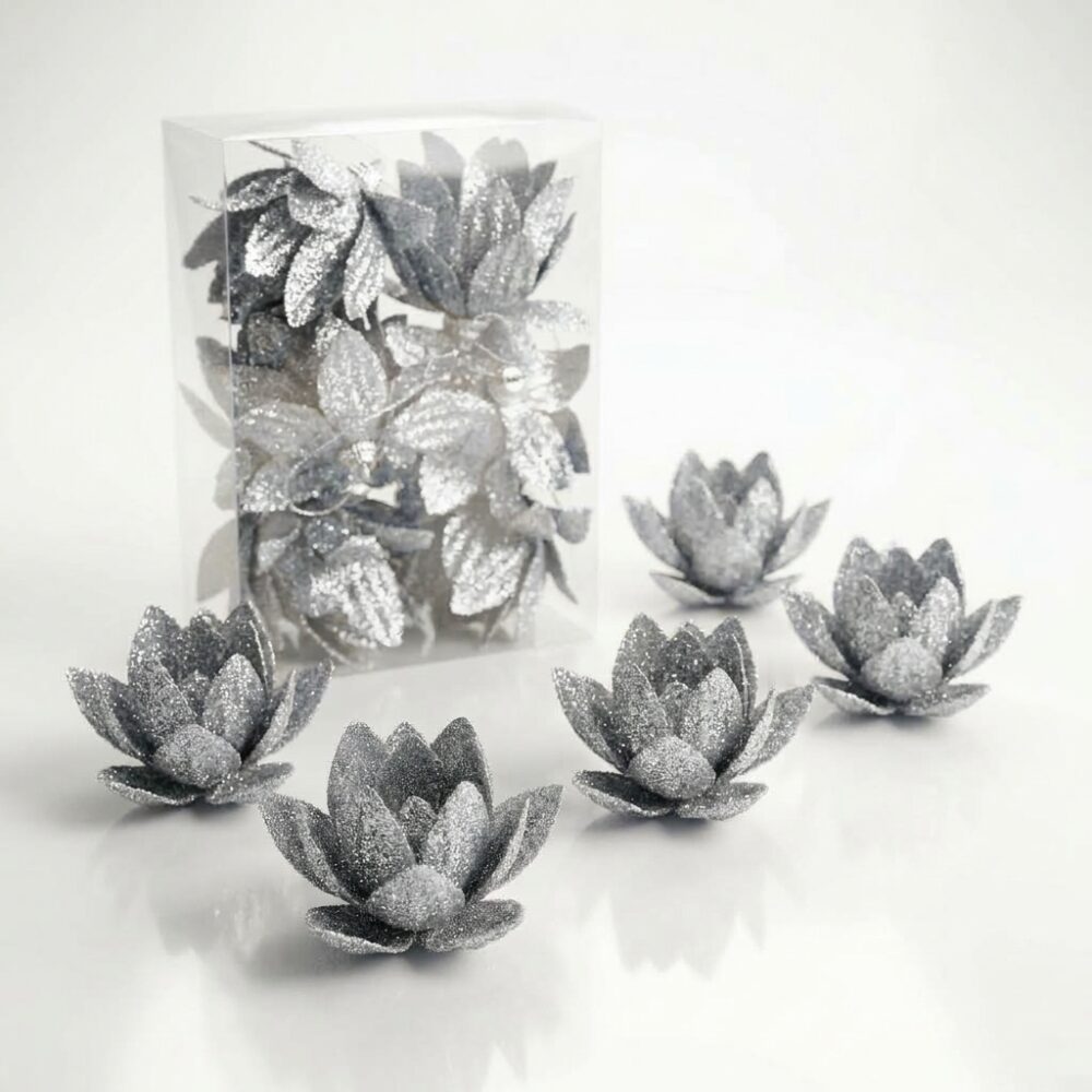 BOLA NAVIDEÑA FLORES PLATEADA x6 PCS 6CM 703380 NAVI IAO